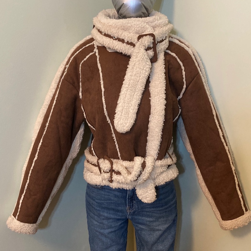 Brown Faux Shearling Biker Jacket with Cream Trim - Picture 2 of 14